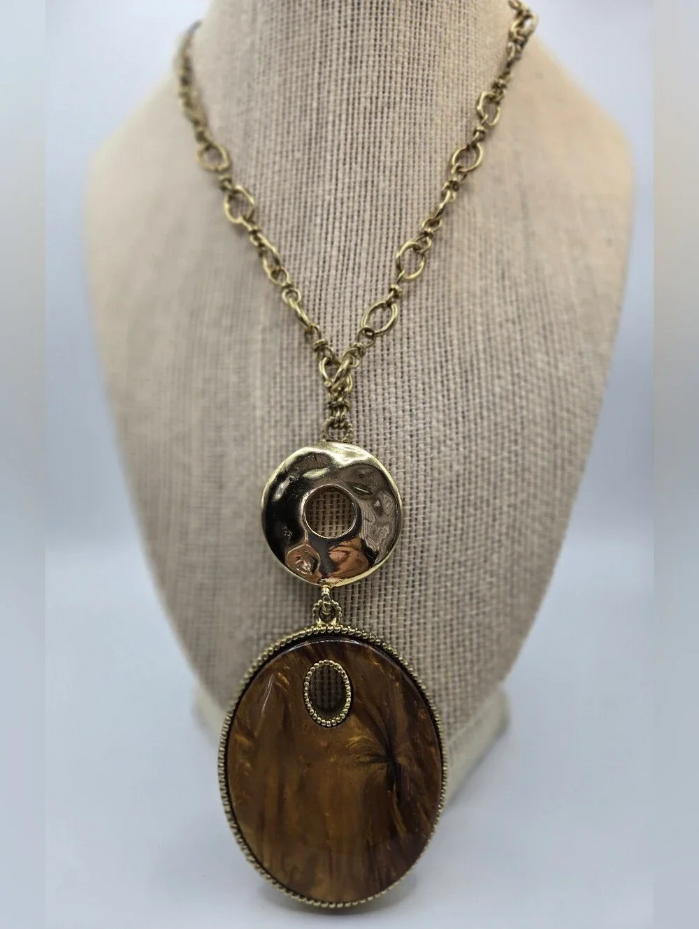 Chico's Goldtone Chain Reversible Leopard Animal Print Tiger's Eye Pendant READ*